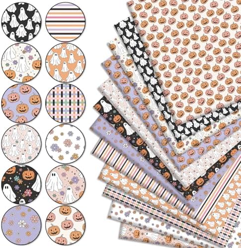 JarThenaAMCS 12Pcs Halloween Cotton Fabric Bundles Pumpkin Ghost Flower Fat Quarters Purple Black Pink Orange Quilting Patchwork for DIY Sewing Craft Decor, 18 x 22 Inch