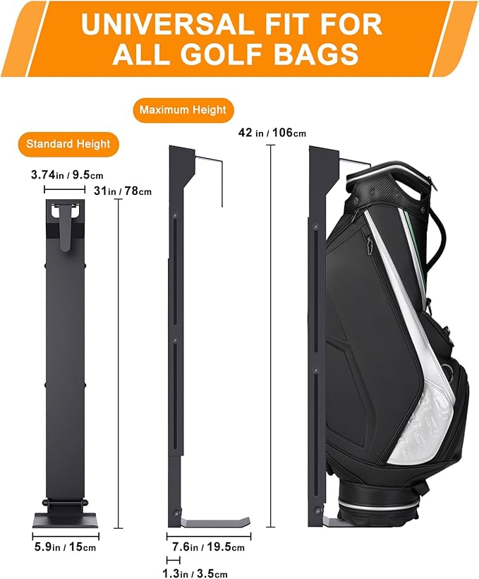 Golf Bag Wall Mount,Golf Bag Holder for Garage,Golf Bag Storage Rack,Golf Bag Organizer for Garage,Golf Bag Stand for Home Basement,Height Adjustable,Great Gilf for Golf Enthusiasts, Black