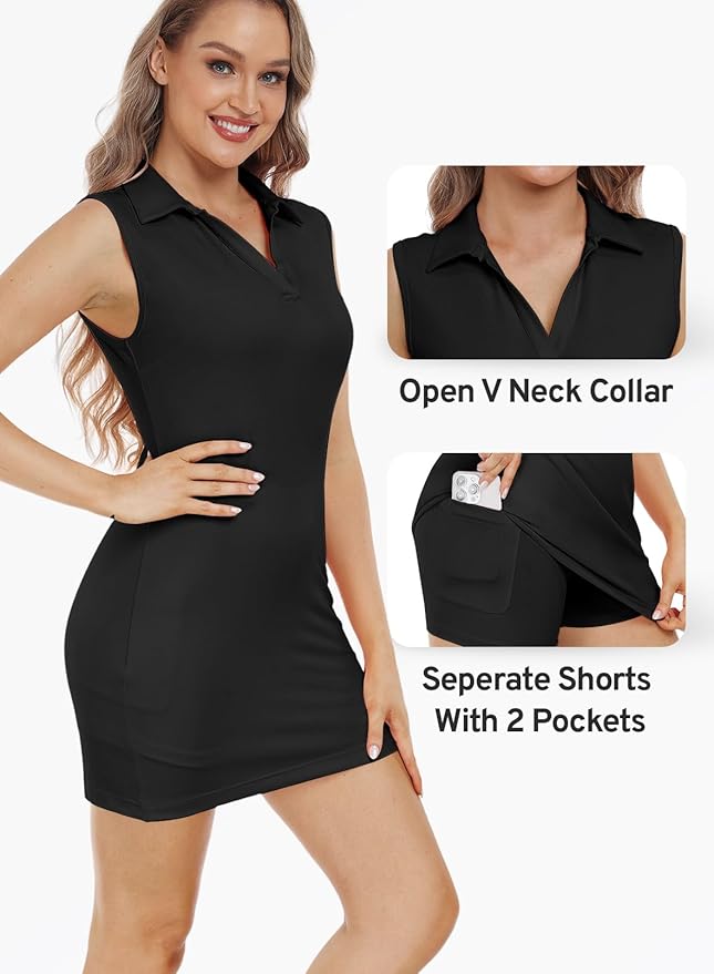 Hiverlay Golf Dresses for Women with Shorts and Pockets, V-Neck Short Sleeve Tennis Dress, Workout Athletic Dresses