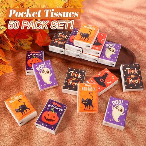 Outus 50 Pack Small Halloween Pocket Tissues Travel Packs Bulk