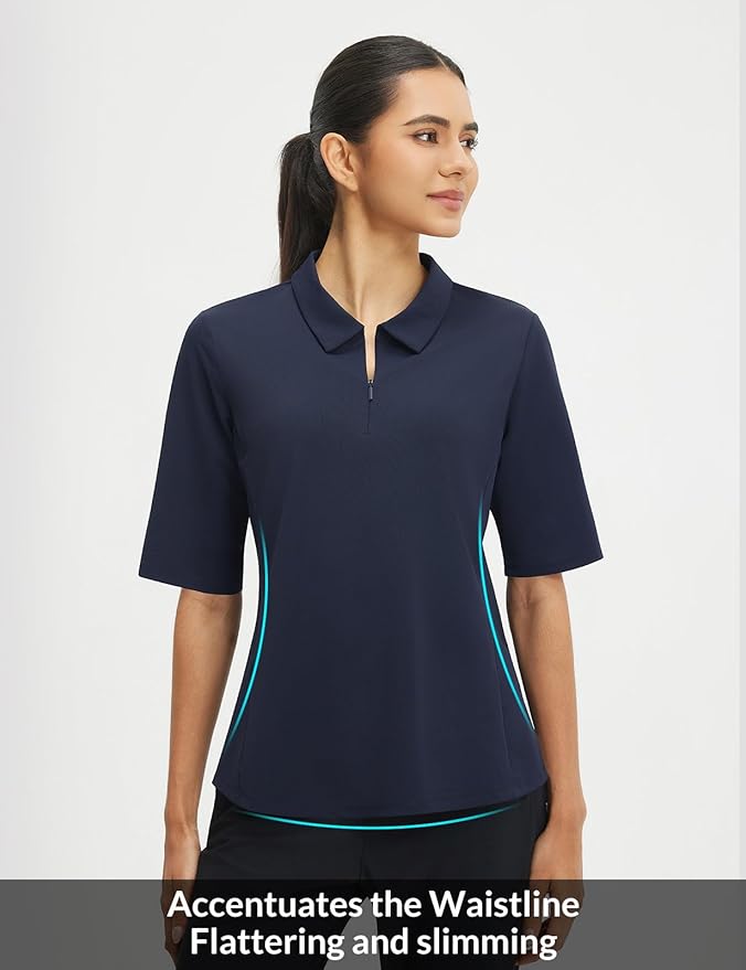 baleaf Women's Golf Shirts Half Sleeve Elbow Length Sleeves Polo Tops Workout Athletic Collared Quarter Zip V Neck UPF