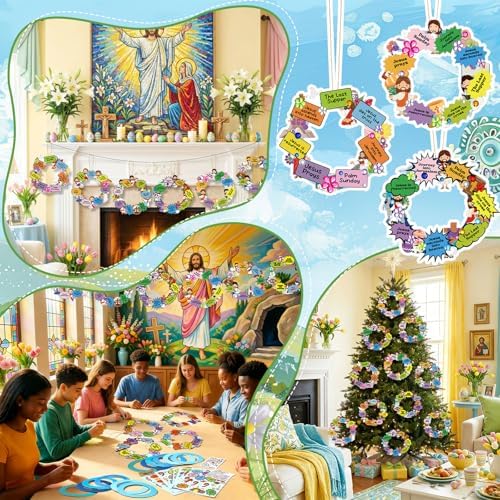 Hollowfly 48 Sets Christian Easter Wreath Craft Kit for Sunday School