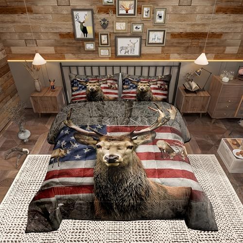 American Flag Deer Comforter Set Twin Size, Kids Boys Room Decor Brown Wildlife Animal and Trees Theme Bedding Comforters, Colorful USA Flag Print Natural Duvet Set with 1 Pillowcase, Soft