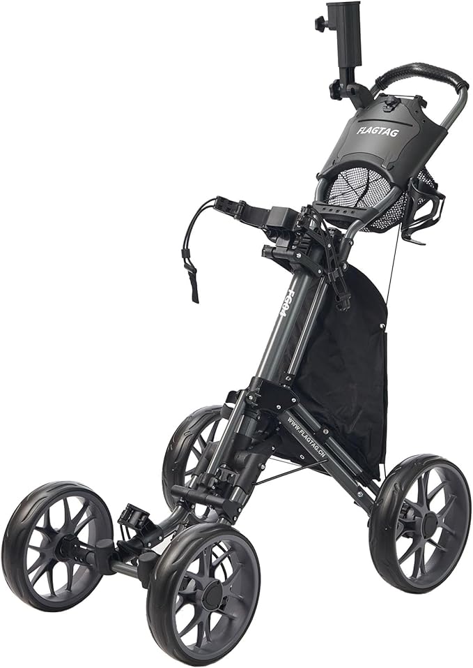 FLAGTAG Golf Push Cart 4-Wheels,Folding Golf Cart, Golf Pull cart with Cup Holder,Umbrella Holder,Cooler Bag, Foldable with one-Click,Handle Height Adjustable,Drink Holder,Walking Push cart