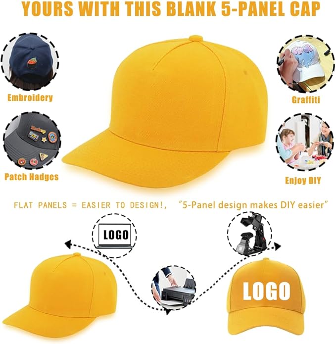 ZH 12 PC 5 Panel Baseball caps, Bulk Baseball caps, Customizable DIY Design, Wholesale Caps, One-Size-Fits-All