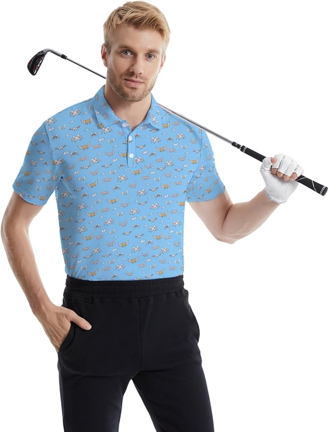 HUURAY Funny Golf Polos for Men Funny Print Short Sleeve Shirts Quick Dry Polo Shirts Hawaiian Shirt Performance Golf Outfits