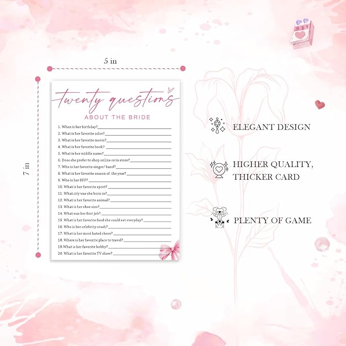 Wedding Shower Games Cards, Twenty Questions About The Bride, Bridal Shower - Image 2