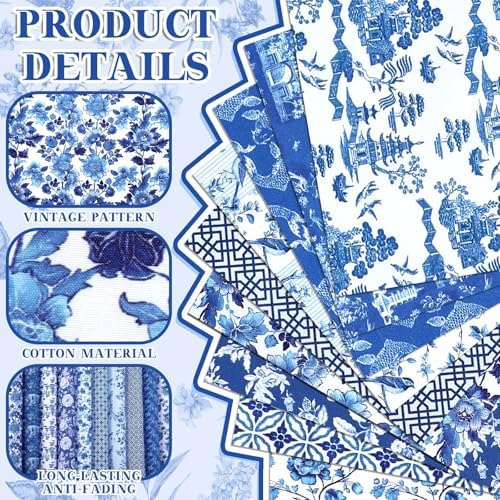 Hahafelt 10Pcs 18"x22" Blue and White Fat Quarter Chinoiserie Fabric Bundle