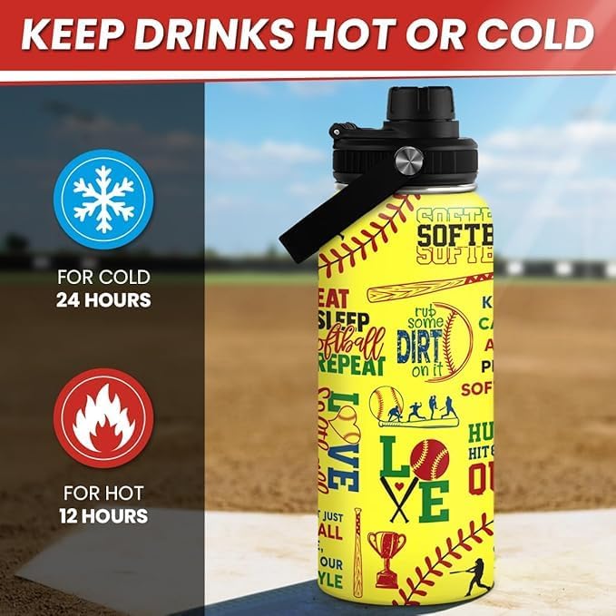 Softball Gift Water Bottle With Lid, 32oz Insulated Stainless Steel Sport Bottles - Softball Players Fan Coach