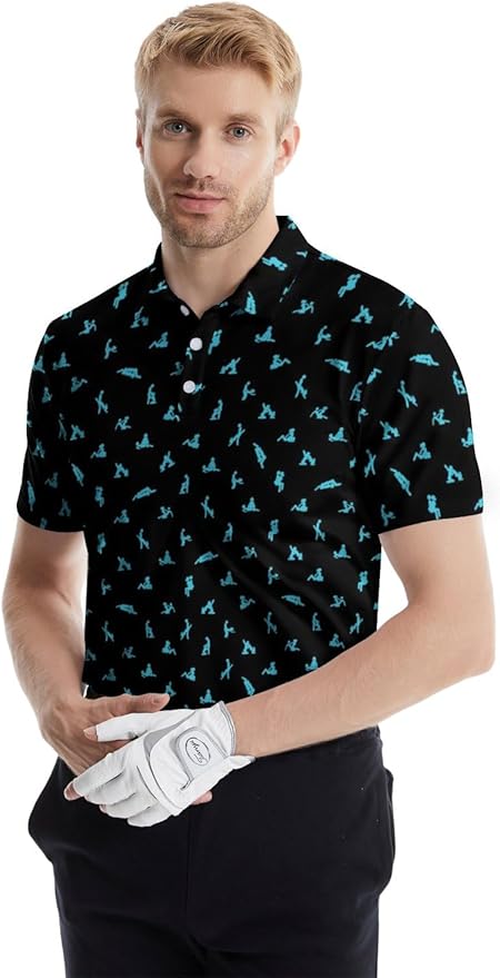 HUURAY Funny Golf Polos for Men Funny Print Short Sleeve Shirts Quick Dry Polo Shirts Hawaiian Shirt Performance Golf Outfits