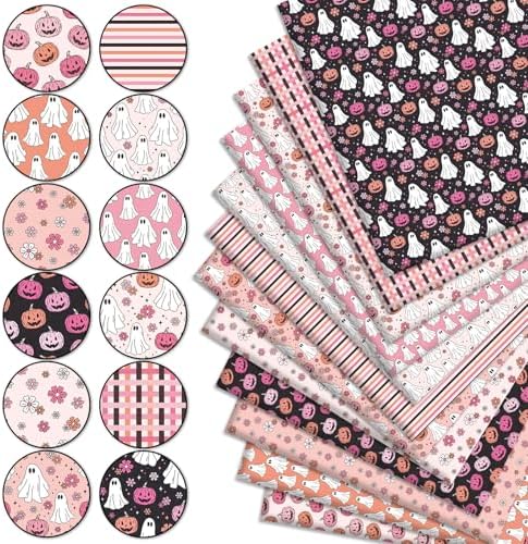 JarThenaAMCS 12Pcs Halloween Cotton Fabric Bundles Pumpkin Ghost Flower Fabric Squares 10 x 10 Inch Small Pink Black Sewing Fabrics for Halloween DIY Craft Party Decor