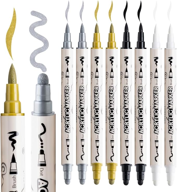 TRANSON 2 Gold, 2 Silver, 2 Black and 2 White Paint Markers Brush and Bold - Image 6