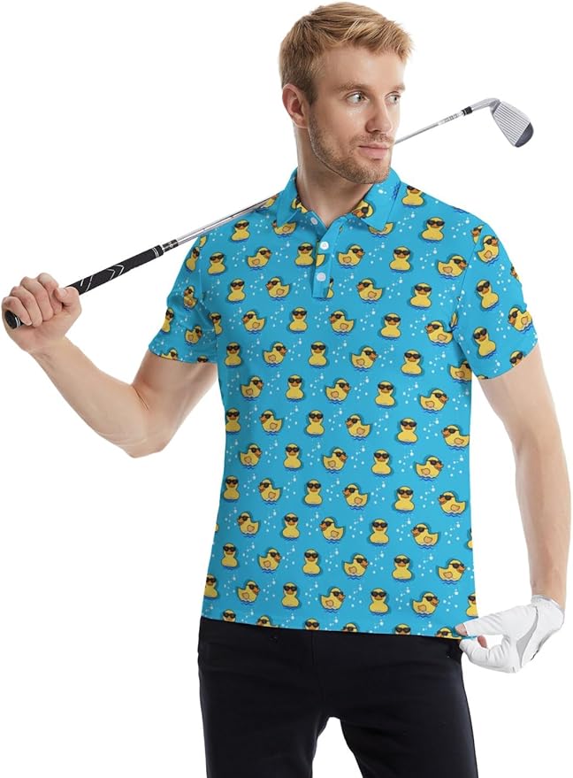 HUURAY Funny Golf Polos for Men Funny Print Short Sleeve Shirts Quick Dry Polo Shirts Hawaiian Shirt Performance Golf Outfits