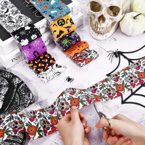 40 Pcs Halloween Fabric Strips Roll for Quilting Crafting 40 x 2.6 Inch Quilting Ghost Skull Pumpkin Candy Spider Bat Precut Patchwork for Sewing DIY Crafts Cotton Fabric Bundles