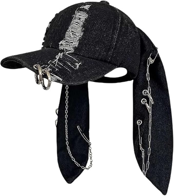 Y2k Hat Punk Hats Denim Bunny Hat Chains Distressed Baseball Cap Kpop Outfits Y2k Grunge Hats for Women