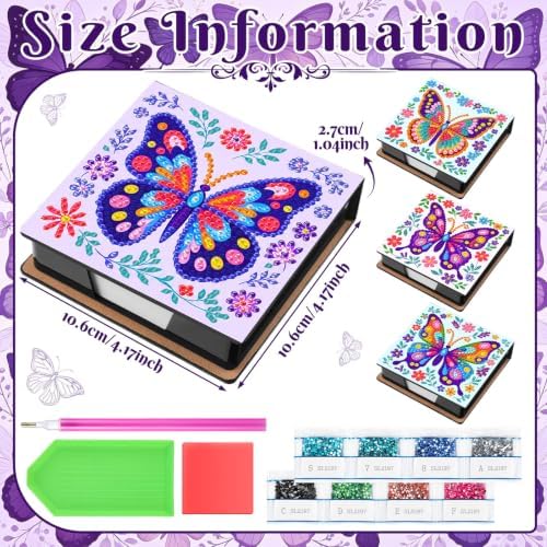 Saillong 4 Pcs Butterflies Diamond Painting Note Box Kit Sticky Note Holder