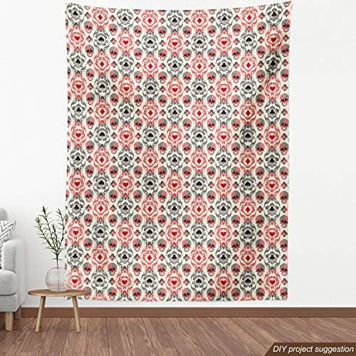 Lunarable Skull Fabric by The Yard, Playing Card Themed Skeleton Head Ace of Spades Diamonds Hearts Victorian, Decorative Fabric for Upholstery and Home Accents, 1 Yard, Vermilion Black