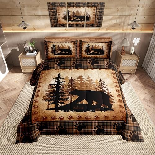 Castle Fairy Bear Print Full Size Comforter Set,Wild Animal Hunt Pine Trees Retro Bedding Comforters Bedroom Collection,Rustic Grid Plaid Cabin Decor Bedding Set for Girls Teens