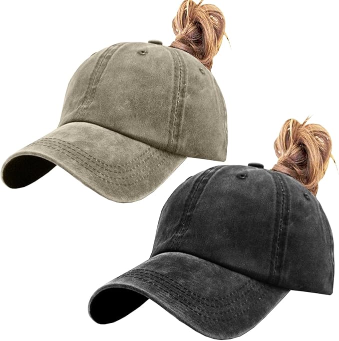 Womens Vintage Washed Distressed Baseball-Cap with Ponytail Hole Sport Golf Hat
