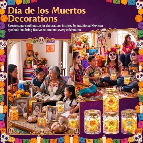 24 Sets Day of The Dead Decoration Mason Jar Sugar Skull Crafts