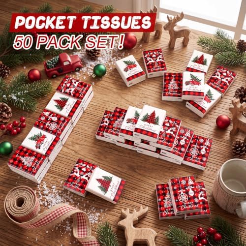 Outus 50 Pack Retro Christmas Travle Size Pocket Tissues Stocking Stuffers