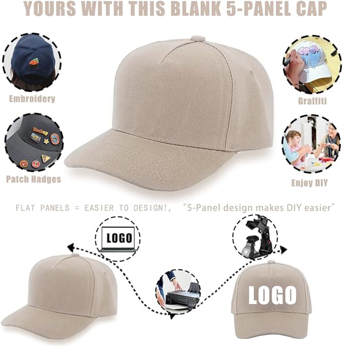 ZH 12 PC 5 Panel Baseball caps, Bulk Baseball caps, Customizable DIY Design, Wholesale Caps, One-Size-Fits-All