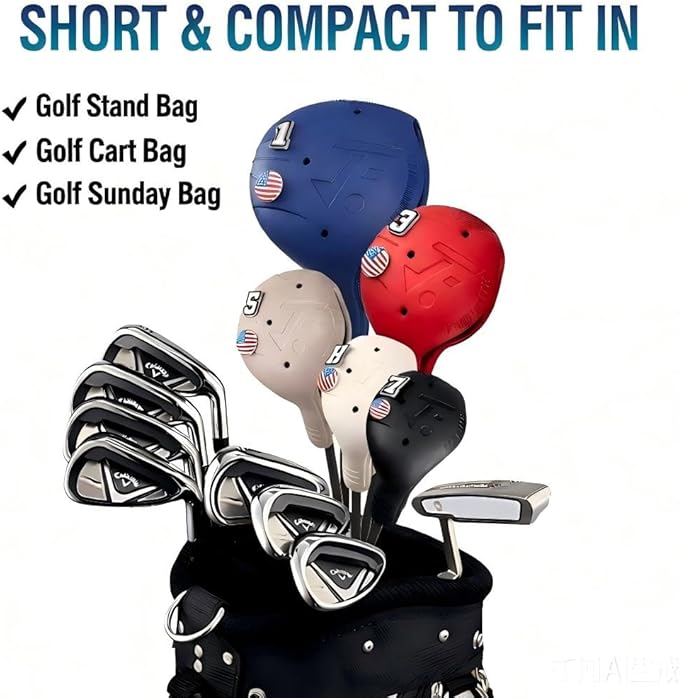 Snap-On Golf Club Covers for Right-Handed Golf Clubs, Easy On Off in 1 Second, Fits 460cc Drivers, Washable EVA Plastic with Shaft Lock, DIY Pins for Customization
