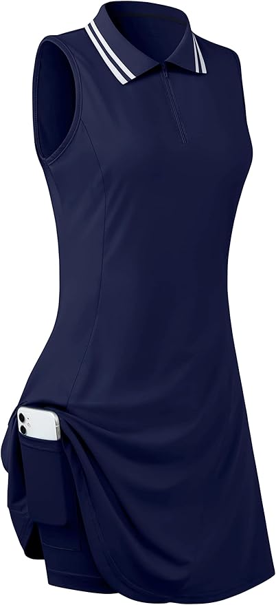 Womens Sleeveless Golf Tennis Dresses with Inner Shorts＆Pockets for Workout Exercise
