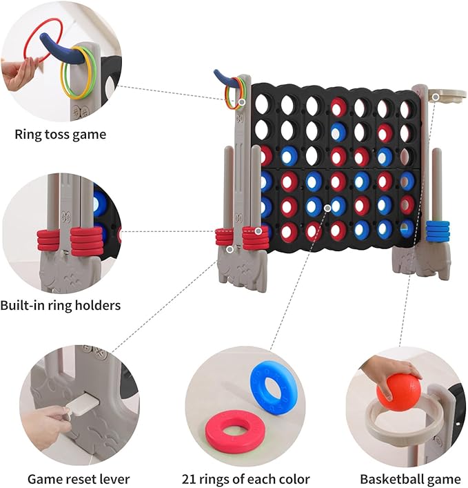UNICOO Giant 4-in-A-Row with Carry Bag, Ring Toss, Basketball Hoop - Image 6