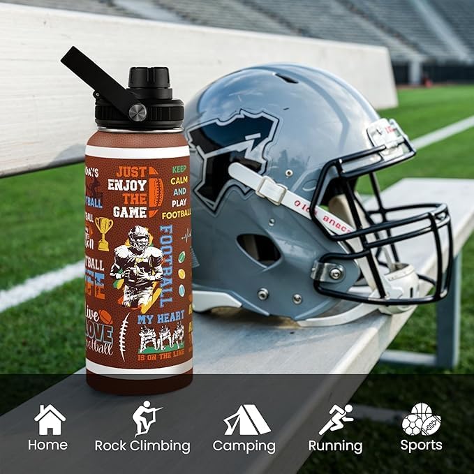 American Football Insulated Stainless Steel Water Bottle 32oz, Vacuum Chug Lid Travel Tumbler for Men Friends Dad Football Lovers Fans Coaches, Birthday Christmas Father's Day