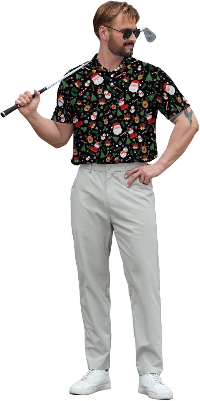 HUURAY Funny Golf Polos for Men Funny Print Short Sleeve Shirts Quick Dry Polo Shirts Hawaiian Shirt Performance Golf Outfits