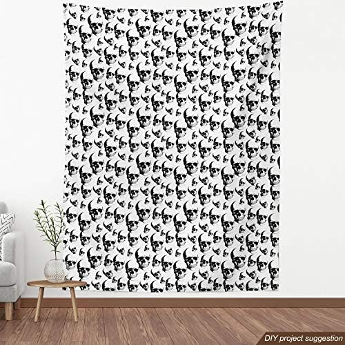 Lunarable Skull Fabric by The Yard, Skulls Pattern Monochrome Detailed Sketch Human Skeleton Head Fear Halloween Theme, Decorative Fabric for Upholstery and Home Accents, 1 Yard, White Black