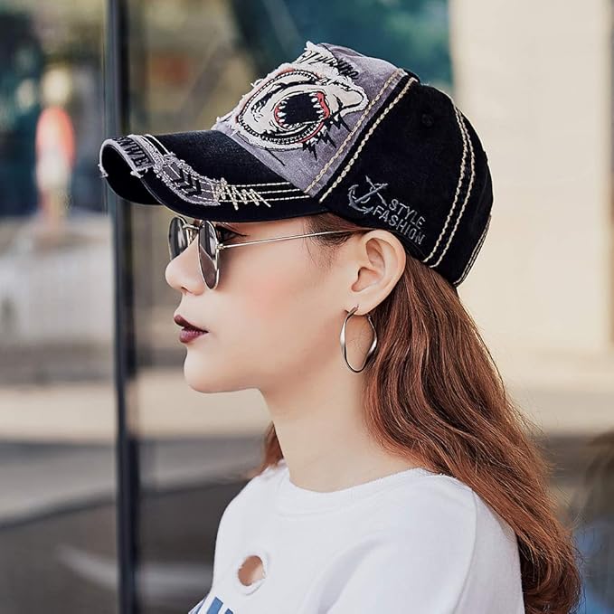 Elwow Men's Oilcloth Front Decor Washed Distressed Embroidery Baseball Cap Driver Trucker Hat with Eagle & Shark Patch