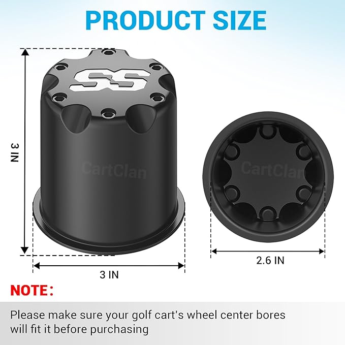 Golf Cart Black SS Center Cap Cover, Suitable for 2.65" Dia Bore Wheel Rim SS Chrome Plastic Center Caps for EZGO Golf Cart Wheel -4 Black Packs
