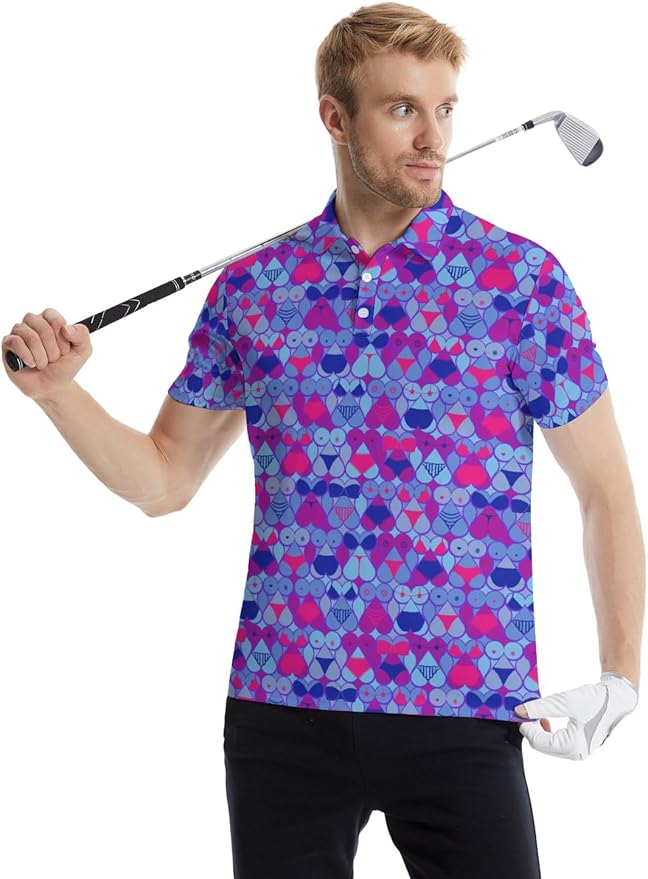 HUURAY Funny Golf Polos for Men Funny Print Short Sleeve Shirts Quick Dry Polo Shirts Hawaiian Shirt Performance Golf Outfits
