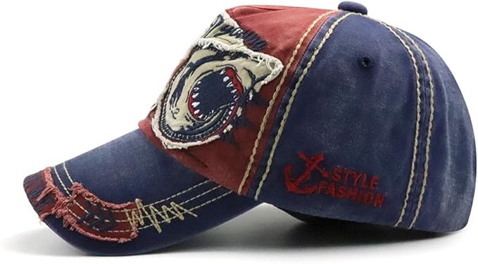Elwow Men's Oilcloth Front Decor Washed Distressed Embroidery Baseball Cap Driver Trucker Hat with Eagle & Shark Patch