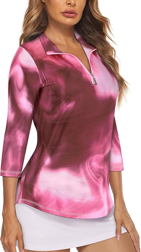 Koscacy Women's 3/4 Roll Sleeve Golf Tennis Polo Shirts UPF50+ Half Zip Dry Fit Workout Tops Athletic Shirt