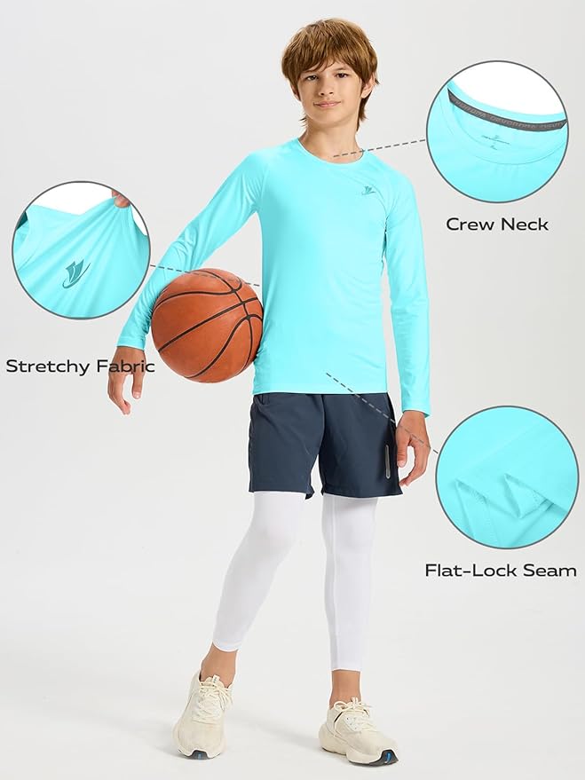 DEVOROPA Youth Boys Compression Shirt Long/Short Sleeve Football Baseball Undershirt Quick Dry Kids Sports Baselayer Crewneck
