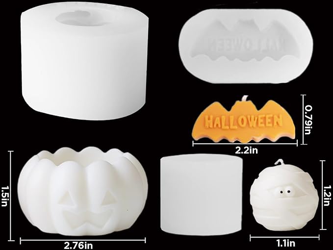 3 Pcs Halloween Candle Silicone Molds Set, DIY Letter Bat, Mummy Ball and 3D - Image 2