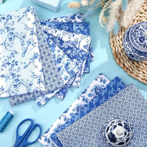 Hahafelt 10Pcs 18"x22" Blue and White Fat Quarter Chinoiserie Fabric Bundle