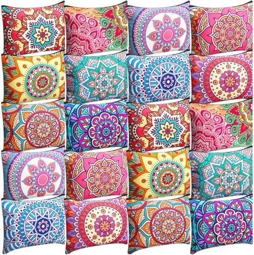 Eccliy 20 Pcs Mandala Makeup Bag Cosmetic Bag Canvas Gifts Colorful Mandala Themed Accessories for Girls Toiletry Pouch with Zipper for Women Party Shopping Home Travel, 9 x 7 Inch