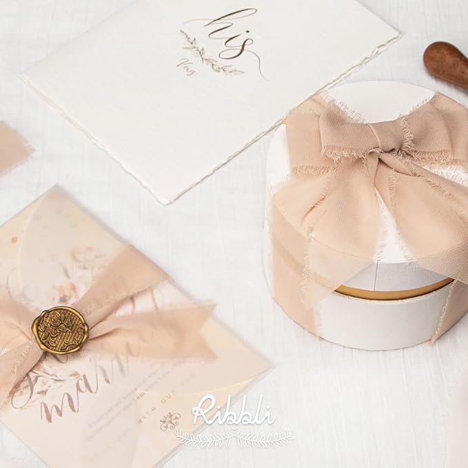 Ribbli Beige Chiffon Ribbon 1-1/2 inch x 20 Yard Handmade Fringe Silk Ribbon - Image 2
