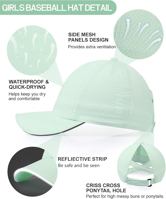 Little Girls Reflective Baseball Cap Criss Cross Ponytail Hat Kids Quick Dry Mesh Summer Sports Hat for Toddler Ages 3-8