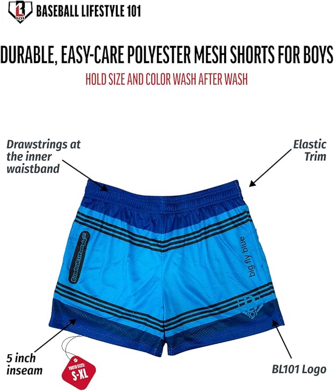 Baseball Lifestyle 101 Boy's Crayon Mesh Shorts w/Side Pockets and Elastic Waist, 5 in Inseam, Youth Sizes S-XL