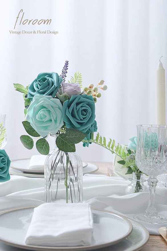Floroom Artificial Flowers 50pcs Real Looking Teal Green Foam Fake Roses - Image 2