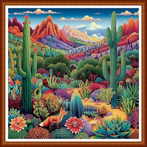Joyhoor Stamped Cross Stitch Kits for Beginners Needlepoint Kits for Adults Embroidery Kits 11CT Counted Cross Stitch Kits Printed Embroidery Pattern-Succulent Plant Fox 18x18 inchs