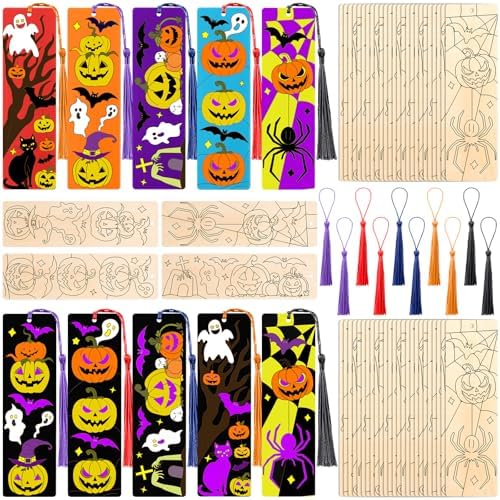 200 Pcs Halloween Wood Bookmarks to Color Bulk, Color Your Own with Tassels