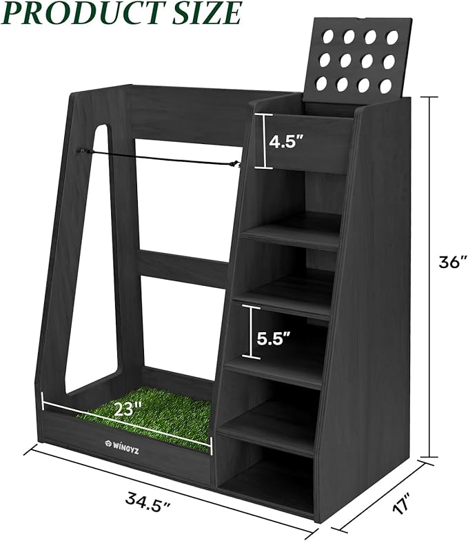 WINGYZ Premium Birch Plywood Golf Bag Storage for 2 Bags | 36lb Rock-Solid Golf Bag Organizer | 7-Shelf Command Center | Artificial Turf 12-Ball Display | No Wall Mounting Required (Black)