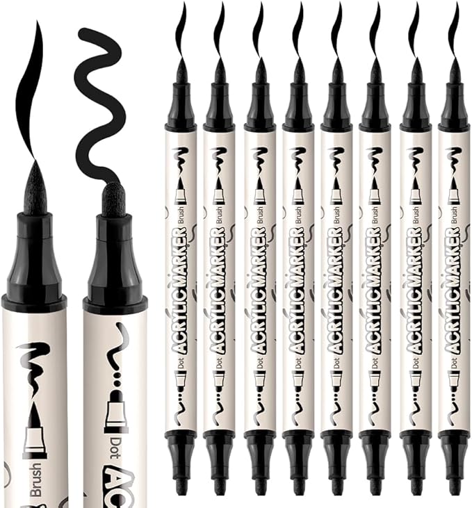 TRANSON 8 Pack Black Brush and Bold Dual-tip Acrylic Paint Marker - Image 6