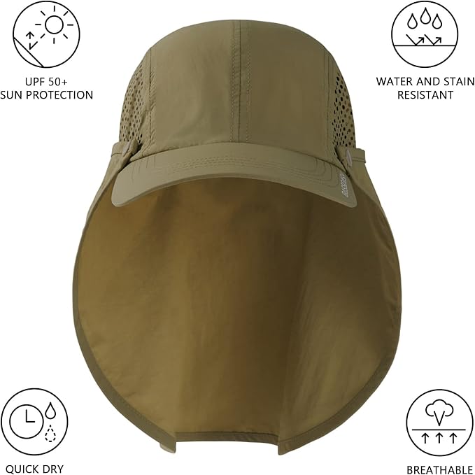 BASSDASH UPF 50+ Foldable Fishing Hat Baseball Cap with Removable Neck Flap Portable for Men Women Golf Hiking